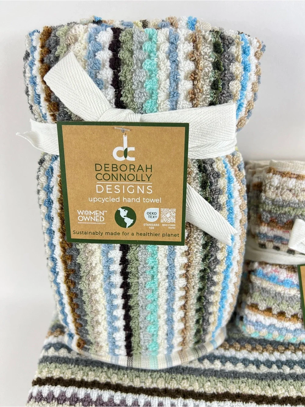 Deborah Connolly Bath Towel Set Striped Brown Green Aqua Cotton 8 Pc Set NEW
